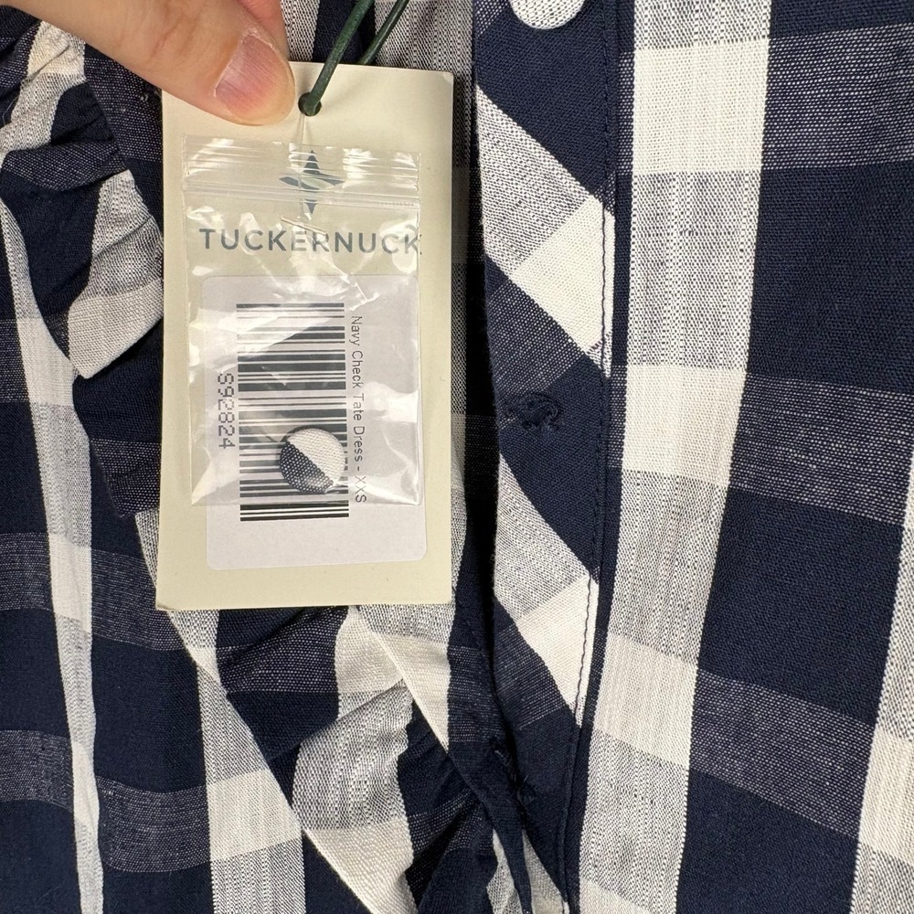 NWT Tuckernuck Navy Check Tate Dress Gingham Ruffle Cotton Linen Oversized XXS - Picture 5 of 14